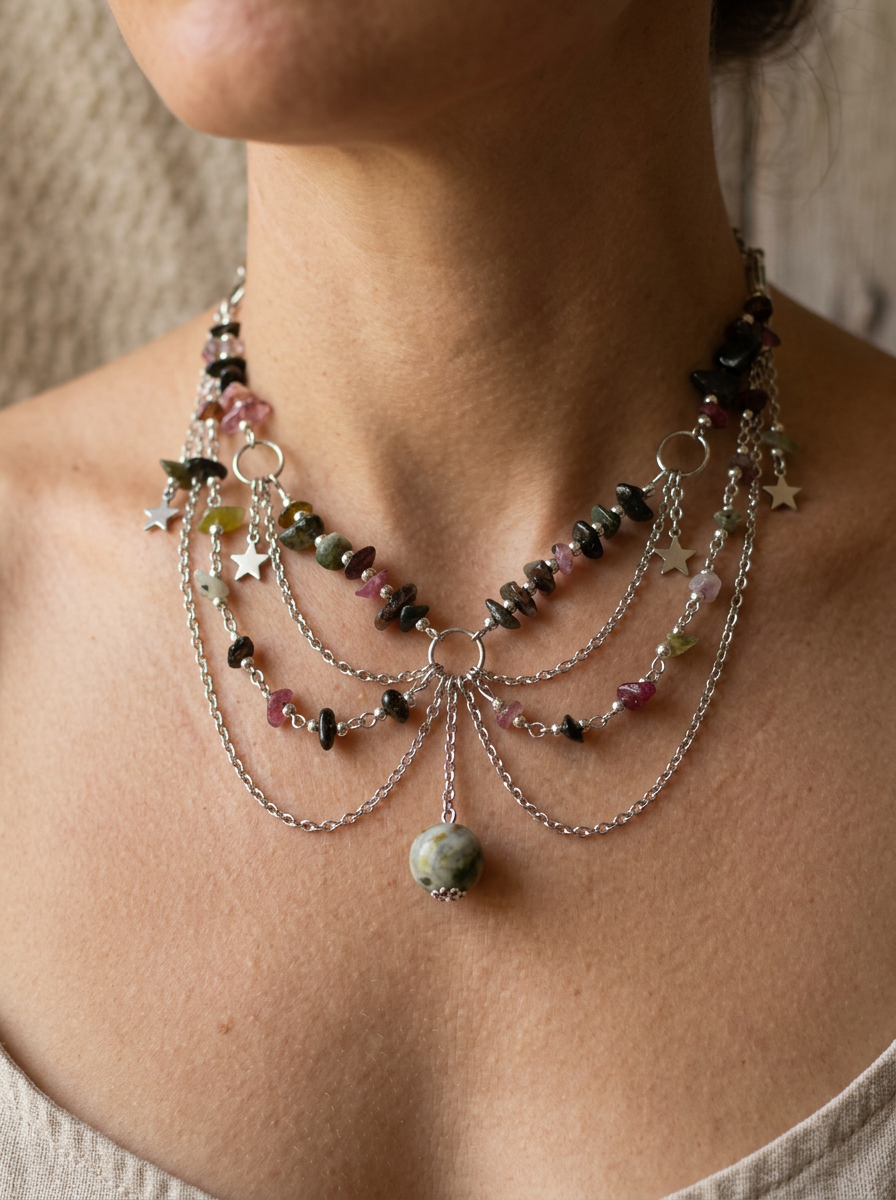 Multistrand Tourmaline & Star Charm Necklace with Jasper Drop