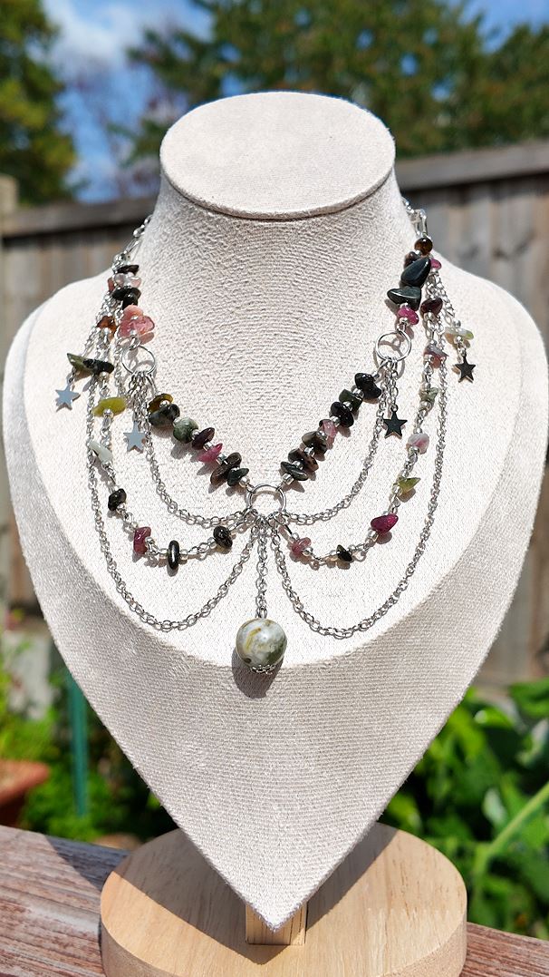 Multistrand Tourmaline & Star Charm Necklace with Jasper Drop