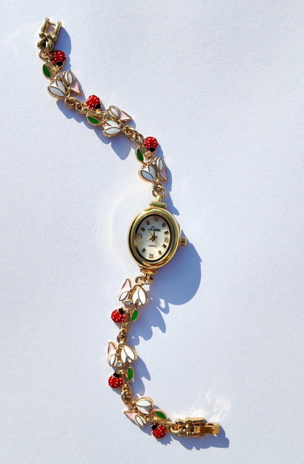 Spring Flower Ladybug Watch with Elegant Floral Style