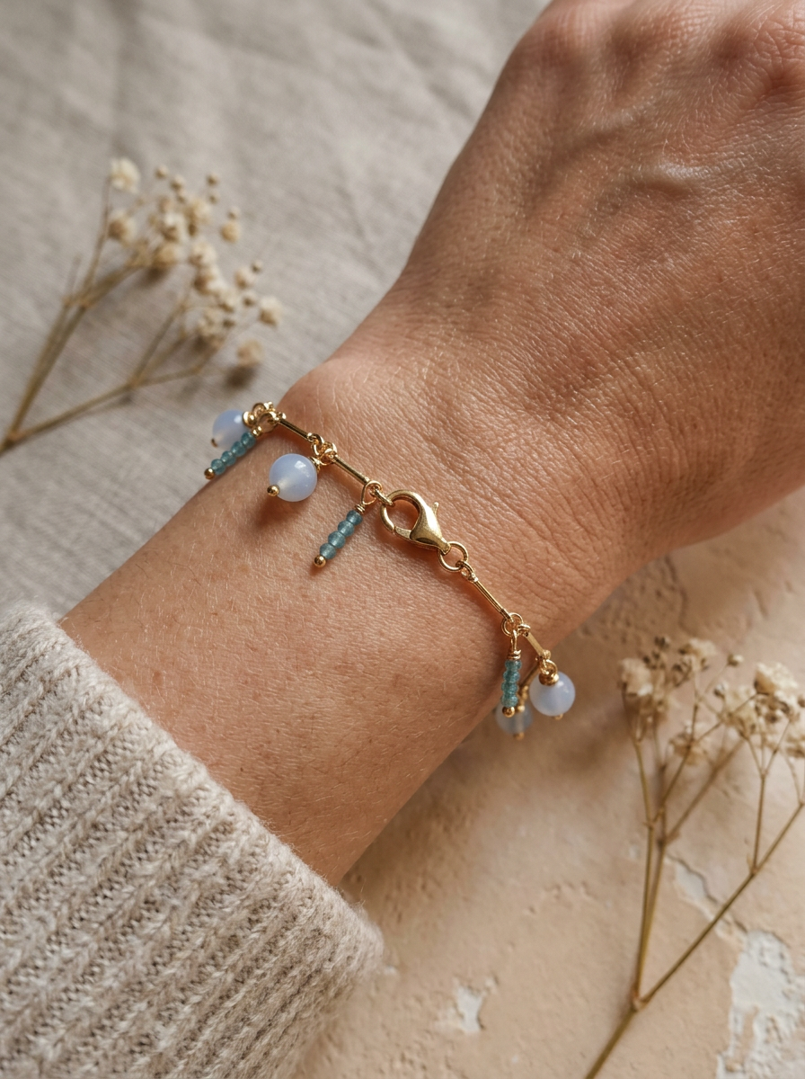 Cyan Malaysian Jade and Blue Angelite Gold Filled Bracelet