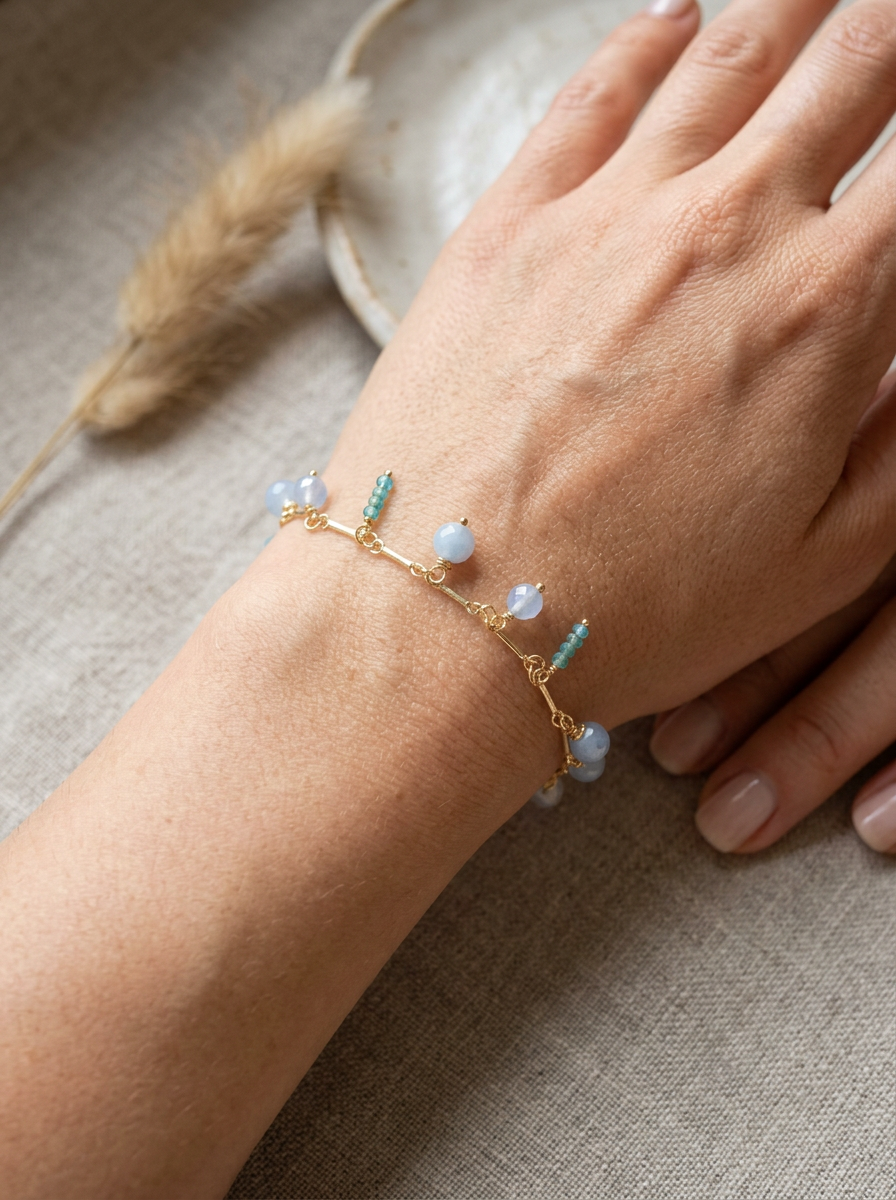 Cyan Malaysian Jade and Blue Angelite Gold Filled Bracelet