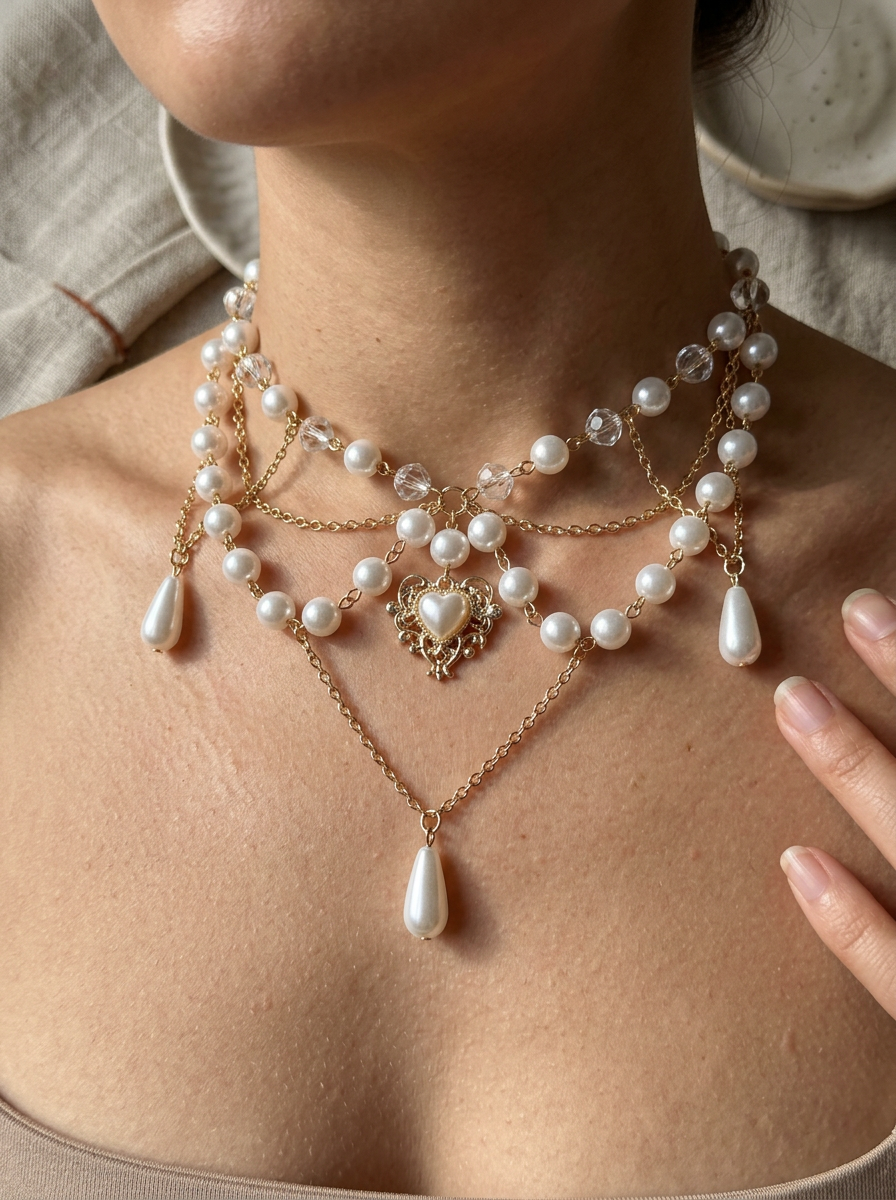 Layered Pearl &amp; Crystal Heart Necklace