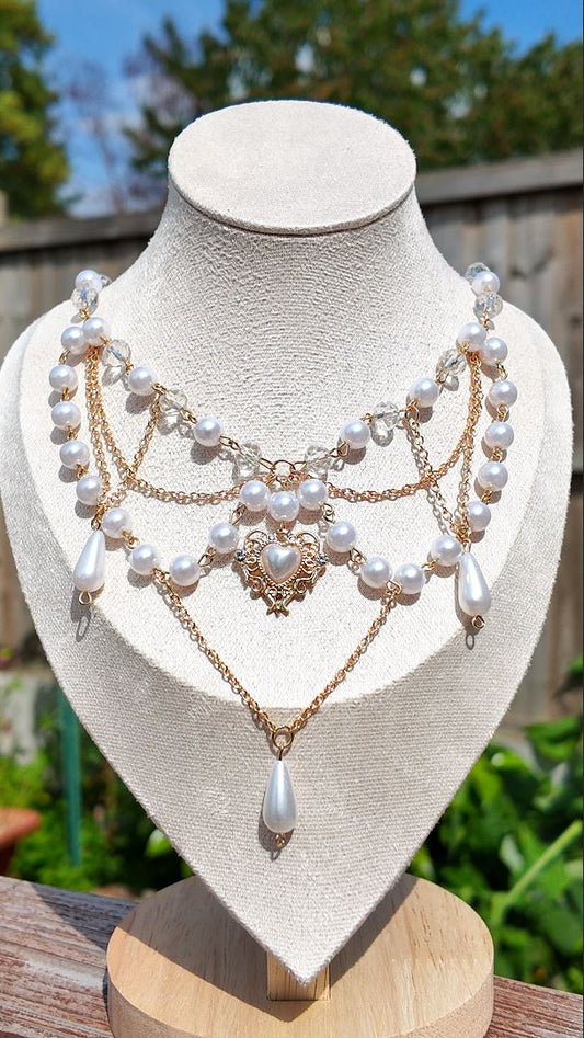 Layered Pearl & Crystal Heart Necklace
